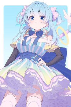 Rule 34 | 1girl, arm warmers, black arm warmers, blue background, blue bow, blue bowtie, blue dress, blue eyes, blue hair, border, bow, bowtie, breasts, closed mouth, commentary request, dress, earrings, frilled dress, frilled skirt, frills, from below, hair ornament, hand on own hip, highres, jewelry, large breasts, looking at viewer, magia record: mahou shoujo madoka magica gaiden, magical girl, mahou shoujo madoka magica, minami rena, multicolored dress, off-shoulder dress, off shoulder, serizawa serizane, skirt, solo, thighhighs, two side up, underbust, white border, white thighhighs