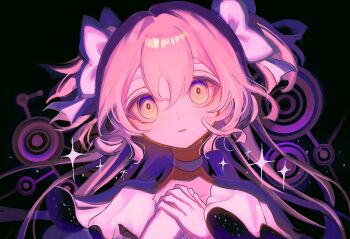 1girl bow choker hair_bow highres kaname_madoka long_hair looking_at_viewer mahou_shoujo_madoka_magica momosu_momo own_hands_together parted_lips pink_hair portrait solo two_side_up ultimate_madoka white_choker yellow_eyes