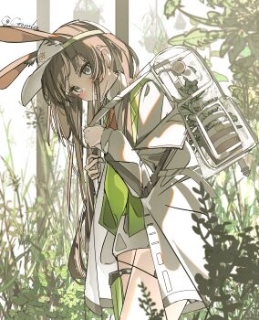 Rule 34 | 1girl, absurdres, amiya (arknights), animal ears, arknights, backpack, bag, blue eyes, blush, brown hair, chinese commentary, closed mouth, coat, commentary, coomlee, highres, long hair, looking at viewer, open clothes, open coat, rabbit ears, rabbit girl, shirt, skirt, solo, transparent bag, visor cap, white coat, white shirt, white skirt