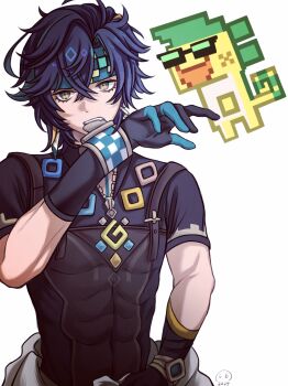 Rule 34 | 1boy, adjusting clothes, adjusting gloves, ajaw (genshin impact), black gloves, black hair, black shirt, fang, genshin impact, gloves, green eyes, green headband, hair between eyes, hand up, headband, highres, kinich (genshin impact), looking at viewer, male focus, mouth hold, shirt, short hair, short sleeves, shuoyaori xianding, teeth, upper teeth only, white background