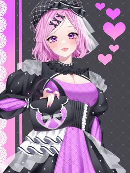 1girl :p absurdres arm_behind_back artist_name bag black_bag black_dress black_hat blush bow breasts cleavage cleavage_cutout clothing_cutout collar commentary dress eyelashes fingernails frilled_collar frilled_skirt frills grid_background hair_bow hair_net handbag hat heart heart_background highres holding holding_bag long_sleeves looking_at_viewer medium_breasts nail_polish original parted_bangs pink_dress pink_eyes pink_hair pink_nails puffy_sleeves short_hair skirt sleeves_past_wrists solo standing symbol-only_commentary tongue tongue_out two-tone_dress upper_body wanko_(yurika0320)