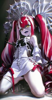 1girl ahoge asymmetrical_legwear blunt_ends bone colored_skin detached_sleeves diamond-shaped_pupils diamond_(shape) dress fang frilled_sleeves frills gradient_eyes green_eyes grey_skin hair_over_shoulder heterochromia high_heels highres hololive hololive_indonesia kito_koruta kneeling kureiji_ollie kureiji_ollie_(rebirth) long_hair looking_at_viewer multicolored_eyes multicolored_hair multicolored_skin official_alternate_costume official_alternate_hairstyle open_mouth red_eyes red_hair shoes short_dress sidelocks smile solo stitched_face stitched_torso stitches symbol-shaped_pupils teeth thighhighs twintails two-tone_hair udin_(kureiji_ollie) upper_teeth_only very_long_hair virtual_youtuber white_dress white_hair white_shoes white_skin white_sleeves white_thighhighs white_tiara x-shaped_pupils yellow_eyes