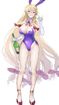 1girl absurdres alternate_costume animal_ears bare_shoulders blonde_hair bottle bow breasts cleavage collarbone cup detached_collar drinking_glass elbow_gloves fake_animal_ears full_body gloves gunnjou_yosio hair_between_eyes hair_bow hand_up highres holding holding_bottle holding_cup large_breasts leotard long_hair looking_at_viewer neck_ribbon playboy_bunny purple_eyes purple_leotard rabbit_ears red_bow red_ribbon red_shoes ribbon shoes sidelocks simple_background smile solo standing strapless strapless_leotard teeth touhou very_long_hair wavy_hair white_background white_gloves wine_bottle wine_glass wing_collar yakumo_yukari