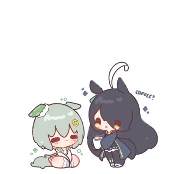 Rule 34 | 2girls, absurdres, ahoge, animal ears, black coat, black gloves, black hair, black pantyhose, blush, chibi, chibi only, closed mouth, coat, coffee, coffee mug, collared shirt, cup, decrilus, ear covers, ear tag, earrings, flower, gloves, grey hair, hair between eyes, hair flower, hair ornament, hairclip, hashtag-only commentary, highres, holding, holding cup, horse ears, horse girl, horse tail, jewelry, long bangs, long hair, long hair between eyes, long sleeves, manhattan cafe (creeping shadow) (umamusume), manhattan cafe (umamusume), mug, multicolored hair, multiple girls, necktie, pantyhose, parted lips, seiun sky (reeling in the big one) (umamusume), seiun sky (umamusume), shirt, short hair, shorts, single ear cover, single earring, sitting, skirt, steaming cup, sunflower, sunflower hair ornament, tail, umamusume, very long hair, white hair, white shirt, yellow eyes, yellow necktie