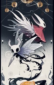 1girl 1other bell black_background black_skin cloak colored_skin commentary english_commentary feathered_wings flying grey_cloak halftone halftone_background highres holding holding_weapon hollow_eyes hollow_knight horned_mask hornet_(hollow_knight) insect_wings knight_(hollow_knight) mask nail_(hollow_knight) needle_(hollow_knight) notice_lines pillarboxed pure_nail_(hollow_knight) r0si3 red_cloak tendril two-tone_background weapon white_background white_mask white_wings wings