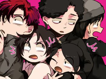 Rule 34 | 1girl, 4boys, beanie, black eyes, black hair, black jacket, cross, cross earrings, earrings, firkle smith, fishnet top, fishnets, grey hat, grey shirt, hat, henrietta biggle, jacket, jewelry, michael (south park), multicolored hair, multiple boys, pete thelman, pink background, red hair, shirt, short hair, south park, stan marsh, sweatdrop, tsunoji, two-tone hair