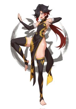 Rule 34 | 1boy, black dress, black hair, black thighhighs, bridal gauntlets, commentary request, crossdressing, dragon print, dress, fighting stance, highres, leg up, long hair, low ponytail, male focus, morinosuke, multicolored hair, original, pelvic curtain, ponytail, red eyes, red hair, side slit, simple background, solo, stirrup legwear, thighhighs, toeless legwear, trap, two-tone hair, white background