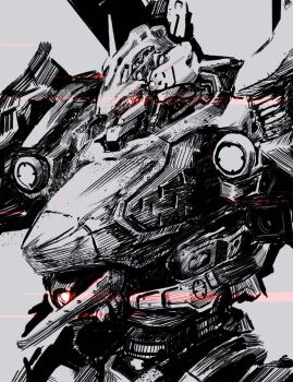 Rule 34 | absurdres, armored core, armored core vi: fires of rubicon, commentary, english commentary, from side, glowing, glowing eye, grey background, greyscale, highres, looking ahead, mecha, mecha focus, monochrome, nightfall (armored core vi), no humans, one-eyed, one-eyed mecha, red eyes, robot, science fiction, shiokaze1409, simple background, spot color, upper body