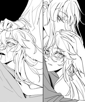 Rule 34 | 2girls, 52hzdelonely, absurdres, animal ear piercing, animal ears, black background, blunt bangs, blush, chinese commentary, closed mouth, commentary request, couple, fox ears, fox girl, from side, genshin impact, grabbing another's hair, grabbing from behind, highres, holding another's hair, hug, long sleeves, looking at viewer, looking down, looking to the side, lying on person, meme, mole, mole under eye, monochrome, multiple girls, nude, on bed, parted lips, raiden shogun, sex, sometimes like this/also like that (meme), sweat, upper body, very sweaty, wide sleeves, yae miko, yuri