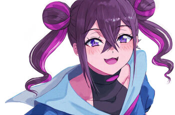 1girl :3 black_hair blue_jacket blush collarbone commentary digimon digimon_beatbreak double_bun fangs hair_bun jacket multicolored_hair open_mouth purple_eyes purple_hair risyo sakai_honoka simple_background solo symbol-only_commentary twintails two-tone_hair upper_body white_background