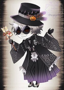 1boy aogiyuki ascot full_body gloves hat highres jack_skellington long_sleeves looking_at_viewer male_focus round_eyewear short_hair skully_j._graves smile sunglasses the_nightmare_before_christmas twisted_wonderland white_hair