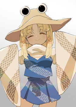 Rule 34 | 1girl, blonde hair, blue shirt, blue skirt, commentary request, eye on hat, gradient background, grey background, highres, looking at viewer, moriya suwako, one eye closed, ryouryou, shirt, skirt, sleeves past fingers, sleeves past wrists, solo, squinting, standing, touhou, two-tone background, white background, wide sleeves, yellow eyes