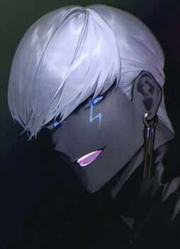 1boy absurdres albino_(a1b1n0623) blue_eyes colored_sclera colored_skin dark-skinned_male dark_skin earrings fate/grand_order fate_(series) glowing_teeth glowing_tongue grey_sclera grey_skin highres indra_(fate) jewelry lightning_bolt_facial_mark lightning_bolt_symbol looking_at_viewer male_focus portrait short_hair solo white_hair