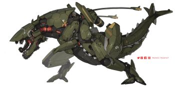 animal_focus artist_name commentary deviljho english_commentary facebook_logo facebook_username from_side full_body highres horizon_(video_game) horizon_zero_dawn instagram_logo instagram_username mecha mecha_focus mechanization monster_hunter_(series) no_humans open_mouth pixiv_logo pixiv_username robot simple_background solo standing twitter_logo twitter_username white_background xezeno