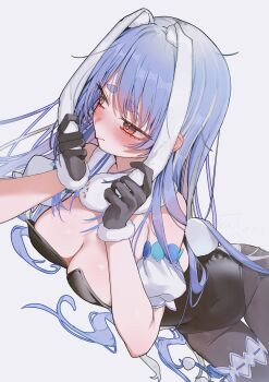1girl absurdres animal_ears averting_eyes black_gloves black_leotard black_pantyhose blue_hair blush breasts cleavage commentary_request covered_navel detached_sleeves extra_ears frilled_thigh_strap fur-trimmed_gloves fur_scarf fur_trim gloves highres hikimayu holding_own_ears hololive leotard long_hair lying medium_breasts multicolored_hair orange_eyes pantyhose playboy_bunny puffy_detached_sleeves puffy_short_sleeves puffy_sleeves rabbit-shaped_pupils rabbit_ears rabbit_girl rabbit_tail scarf short_eyebrows short_sleeves simple_background solo strapless strapless_leotard symbol-shaped_pupils tail takeno_omoti thick_eyebrows thigh_strap two-tone_hair usada_pekora usada_pekora_(1st_costume) very_long_hair virtual_youtuber white_hair white_scarf white_sleeves