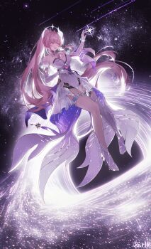 Rule 34 | 1girl, absurdres, aemeath (wuthering waves), asymmetrical footwear, bare shoulders, black hole, boots, breasts, chinese commentary, chromatic aberration, commentary request, elbow gloves, full body, gloves, high heel boots, high heels, highres, leotard, long hair, medium breasts, orange eyes, pink hair, ponytail, sgirlk, showgirl skirt, signature, single ankle boot, single thigh boot, skirt, sky, solo, space, star (sky), starry sky, thigh boots, uneven footwear, very long hair, white boots, white gloves, white leotard, white skirt, wuthering waves