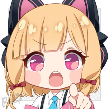 Rule 34 | 1girl, animal ear headphones, animal ears, blue archive, blue necktie, blunt bangs, bow, chibi, collared shirt, commentary, dress shirt, english commentary, fake animal ears, fpsmoe, hair bow, headphones, medium hair, momoi (blue archive), necktie, no nose, open mouth, pink eyes, pointing, pointing at viewer, red bow, shirt, signature, solo, teeth, upper body, upper teeth only, v-shaped eyebrows, white shirt