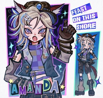 1girl amanda_gaddis amanda_gaddis_(feast_on_this_shore) animal_ears bags_under_eyes bandaid bandaid_on_cheek bandaid_on_face black_boots blonde_hair blue_eyes blue_streaks boots character_name clawed_gauntlets crop_top detached_sleeves fang furrowed_brow hair_ornament hairpin highres identity_v looking_at_viewer lower_eyelashes_only lulviu multiple_hairpins scar scar_on_face short_side_ponytail smile striped_blush turtleneck