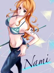 Rule 34 | 1girl, arm tattoo, bikini, bikini top only, bracelet, character name, commentary request, denim, grey background, hand on own hip, highres, holding, holding weapon, jeans, jewelry, log pose, long hair, looking at viewer, miri (xxxmirink), nami (one piece), one piece, pants, sidelocks, smile, solo, swimsuit, tattoo, triangle, weapon