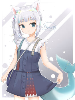 1girl absurdres animal_ears bag blue_bag blue_eyes blue_nails blue_overalls blue_streaks cat_ears closed_mouth commentary_request cube_hair_ornament fins fish_tail gawr_gura gawr_gura_(casual) hair_ornament handbag highres hololive hololive_english looking_at_viewer medium_hair nail_polish nyan official_alternate_costume overalls shark_girl shark_tail shirt side_ponytail smile solo tail u_da_desu virtual_youtuber white_hair white_shirt