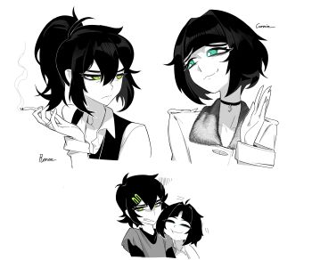 4girls :3 ^_^ absurdres aged_down ahoge aierlaobo annoyed antenna_hair aqua_eyes averting_eyes bags_under_eyes between_fingers blunt_bangs bright_pupils character_name child choker cigarette clenched_teeth closed_eyes closed_mouth coat collarbone collared_coat collared_shirt commentary connie_(the_coffin_of_andy_and_leyley) cropped_shoulders double-parted_bangs dual_persona english_commentary eye_contact fingernails frown green_eyes greyscale hair_between_eyes hair_intakes hair_ornament hairclip hand_up head_on_another's_shoulder high_contrast high_ponytail highres holding holding_cigarette jewelry layered_sleeves long_fingernails long_sleeves looking_at_another looking_to_the_side monochrome multiple_girls multiple_views parallel_hairclips ponytail raised_inner_eyebrows renee_graves ring shirt short_hair short_over_long_sleeves short_sleeves siblings sideways_glance simple_background sisters smoke spot_color sweater_vest t-shirt teeth the_coffin_of_andy_and_leyley turning_head v-shaped_eyebrows waving wedding_ring white_background