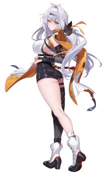 1girl absurdres ahoge ass bird black_shorts black_thighhighs boots breasts clothing_cutout commentary_request elbow_gloves fingerless_gloves from_behind full_body gloves high-waist_shorts highres jacket large_breasts long_hair looking_at_viewer looking_back shirt short_shorts shorts shoulder_cutout simple_background sin_(btc86amme) single_thighhigh sleeveless sleeveless_shirt solo thighhighs thighs very_long_hair white_background white_boots white_hair white_shirt yellow_eyes yellow_jacket yixuan_(zenless_zone_zero) zenless_zone_zero