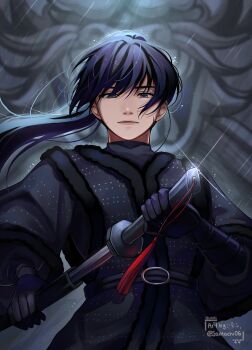 1girl absurdres animal black_eyes black_gloves black_hair black_robe blurry blurry_background cowboy_shot depth_of_field double-parted_bangs dragon floating_hair glint gloves glowing high_ponytail highres holding holding_sword holding_weapon lee_jihye looking_at_viewer official_alternate_costume omniscient_reader&#039;s_viewpoint ponytail rain robe saihachi06 serious sheath solo sword tassel unsheathing weapon wind