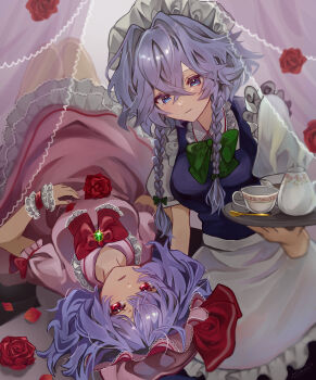 2girls absurdres apron blue_dress blue_eyes blush bow bowtie braid braided_sidelock breasts crossed_bangs cup dress flower frilled_apron frilled_hat frilled_sleeves frilled_wristband frills green_bow green_bowtie grey_hair hair_between_eyes hair_bow hat highres holding holding_tray indoors izayoi_sakuya knees_up light_smile lying maid maid_apron maid_headdress medium_breasts mob_cap multiple_girls on_back petals pinafore_dress pink_dress pink_hat puffy_short_sleeves puffy_sleeves purple_hair red_bow red_bowtie red_eyes red_flower red_rose remilia_scarlet rose samon_(vxxr8575) shirt short_sleeves sleeveless sleeveless_dress small_breasts teacup teapot touhou tray twin_braids waist_apron white_apron white_shirt