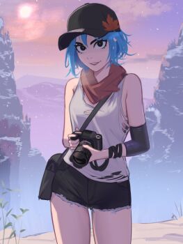 1girl arm_warmers artist_self-insert bag baseball_cap black_eyes blue_hair camera commentary contrapposto cowboy_shot english_commentary erka_(veyonis) handbag hat highres holding holding_camera leaf_print maple_leaf_print mountain mountainous_horizon neckerchief original plant red_neckerchief short_hair short_shorts shorts single_arm_warmer sky solo sun tank_top veyonis white_tank_top