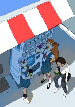 1boy 2girls ayanami_rei black_pants black_shoes black_socks blue_skirt blue_vest brown_hair bug cicada closed_eyes closed_mouth coin_purse collared_shirt commentary_request expressionless full_body highres ikari_shinji insect kita_high_school_uniform mugi_tamago multiple_girls neon_genesis_evangelion open_mouth orange_hair pants red_eyes school_uniform shirt shoes short_hair skirt smile socks souryuu_asuka_langley standing twintails vending_machine vest white_shirt white_shoes white_socks