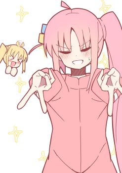 &gt;_&lt; 2girls absurdres ahoge blonde_hair blush bocchi_the_rock! choppy_bangs closed_eyes commentary_request dot_nose double_v gotoh_hitori grimace hair_wagging hands_up highres ijichi_nijika jacket long_hair long_sleeves multiple_girls nuuji_nuge open_mouth pink_hair pink_jacket side_ponytail simple_background smile solo_focus sweat upper_body v very_long_hair white_background