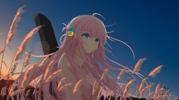 1girl absurdres blue_eyes blue_sky bocchi_the_rock! chinese_commentary closed_mouth commentary_request cube_hair_ornament evening expressionless floating_hair gotoh_hitori gradient_sky guitar_case hair_ornament hand_up highres instrument_case jacket long_hair long_sleeves outdoors pink_hair pink_jacket sky solo track_jacket turtleneck upper_body wheat wujijiandao66