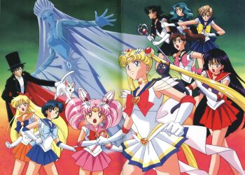 1990s_(style) 2boys 6+girls aino_minako aqua_hair aqua_skirt artemis_(sailor_moon) back_bow bishoujo_senshi_sailor_moon bishoujo_senshi_sailor_moon_s bishoujo_senshi_sailor_moon_s_the_movie:_kaguya-hime_no_koibito black_eyes black_hair blonde_hair blue_eyes blue_hair blue_sailor_collar boots bow breasts brooch brown_hair cape cat chiba_mamoru chibi_usa choker copyright_name crescent crescent_earrings double_bun earrings elbow_gloves english_text gloves green_eyes green_skirt hair_bobbles hair_bow hair_bun hair_ornament heart heart_brooch heart_choker high_ponytail highres hino_rei jewelry kaiou_michiru kino_makoto knee_boots large_breasts long_hair looking_at_another looking_at_viewer luna_(sailor_moon) magical_girl miniskirt mizuno_ami monster_girl multiple_boys multiple_girls non-web_source official_art open_mouth orange_skirt pleated_skirt ponytail princess_snow_kaguya red_skirt retro_artstyle sailor_chibi_moon sailor_collar sailor_jupiter sailor_mars sailor_mercury sailor_moon sailor_neptune sailor_senshi_uniform sailor_uranus sailor_venus scan short_hair skirt smile super_sailor_moon teamwork ten&#039;ou_haruka tiara tsukino_usagi tuxedo_kamen twintails very_long_hair white_gloves wide_hips