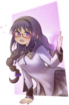 Rule 34 | 1girl, akemi homura, akemi homura (magical girl), arm support, black hair, black hairband, braid, commentary request, hairband, highres, long hair, looking at viewer, magical girl, mahou shoujo madoka magica, mahou shoujo madoka magica (anime), pleated skirt, purple eyes, red-framed eyewear, reiwanoshiro, skirt, solo, soul gem, twin braids