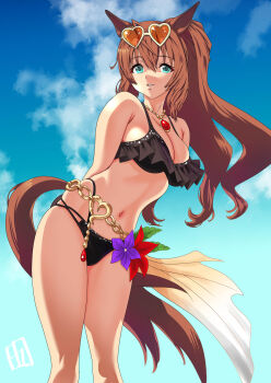 1girl absurdres animal_ears bare_shoulders bikini black_bikini blue_eyes blue_sky breasts brown-tinted_eyewear brown_hair cleavage cloud commentary_request eyewear_on_head hair_between_eyes heart heart-shaped_eyewear highres horse_ears horse_girl horse_tail jewelry kazakoshi_nonta large_breasts long_hair looking_at_viewer maruzensky_(hot_summer_night)_(umamusume) maruzensky_(umamusume) navel official_alternate_costume orange-tinted_eyewear parted_lips ponytail ruffle_bikini sky smile solo stomach sunglasses swimsuit tail tinted_eyewear umamusume white-framed_eyewear