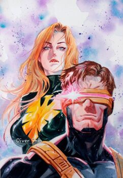 1boy 1girl animal_print blonde_hair blue_bodysuit blue_eyes bodysuit breasts brown_hair cyclops_(x-men) diver_shin domino_mask eye_mask green_bodysuit head-mounted_display jean_grey long_hair marvel mask medium_breasts orange_hair phoenix_(x-men) red_lips scott_summers short_hair superhero_costume traditional_media x-men