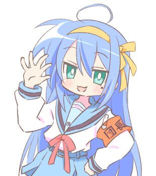 1girl :3 :d ahoge armband blue_hair blue_sailor_collar blue_skirt commentary cosplay creator_connection green_eyes hair_between_eyes hair_ribbon hairband hand_on_own_hip hand_up highres izumi_konata kita_high_school_uniform kmym97457689 long_hair long_sleeves looking_at_viewer lucky_star mole mole_under_eye open_mouth red_armband red_ribbon ribbon sailor_collar school_uniform serafuku shirt simple_background skirt smile solo suzumiya_haruhi suzumiya_haruhi_(cosplay) suzumiya_haruhi_no_yuuutsu waving white_background white_shirt winter_uniform yellow_hairband yellow_ribbon