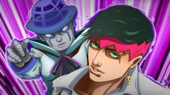 Rule 34 | 1boy, 1other, araki hirohiko (style), aura, blue hat, bow, bowler hat, bowtie, colored skin, commentary, compound eyes, earrings, english commentary, green eyes, green hair, grey shirt, grey skin, hat, headband, heaven's door, jewelry, jojo no kimyou na bouken, kishibe rohan, male focus, nika dudi, parted lips, pink headband, pointing, purple bow, purple bowtie, shirt, stand (jojo), the jojolands