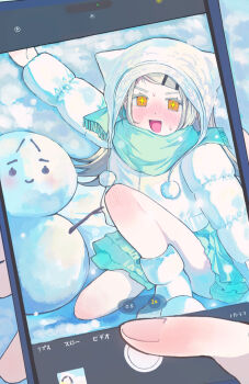 Rule 34 | + +, 1girl, 1other, animal hat, aqua scarf, aqua skirt, arm up, beanie, blush, boots, cat hat, cellphone, coat, commentary request, earflap beanie, excited, fingernails, flipped hair, gakuen idolmaster, grey hair, hair ornament, hairclip, hat, highres, holding, holding phone, idolmaster, knee blush, knee up, long hair, looking at viewer, miniskirt, nekommokuwan, nose blush, on one knee, open mouth, orange eyes, parallel hairclips, phone, pom pom (clothes), pom pom hat ornament, pov, pov hands, recording, scarf, shinosawa hiro, skirt, smartphone, snow, snow boots, snowing, snowman, solo focus, sweat, taking picture, white boots, white coat, white hat, winter, winter clothes, winter coat