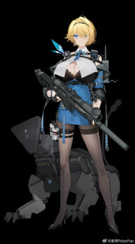 1girl black_background black_bra black_pantyhose blonde_hair blue_skirt bolt_action bra breasts chinese_commentary closed_mouth commentary_request girls'_frontline girls'_frontline_2:_exilium gun hair_intakes hairband high_heels highres holding holding_gun holding_weapon kulich_(girls'_frontline_2) large_breasts necktie nikketa_(girls'_frontline_2) non-humanoid_robot pantyhose peter_pan_(adtc7243) radio rifle robot robot_animal robot_dog short_hair simple_background skirt sniper_rifle standing underwear vsk-94_(girls'_frontline) weapon