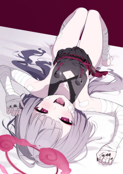 1girl absurdres bandages barefoot bed black_nails blue_archive blush collarbone commentary_request gauze gauze_on_cheek grey_hair halo heart heart-shaped_pupils highres light_blush looking_at_viewer lying on_back pink_eyes pink_halo saliva saliva_trail shuro_(blue_archive) smile solo symbol-shaped_pupils tongue tongue_out