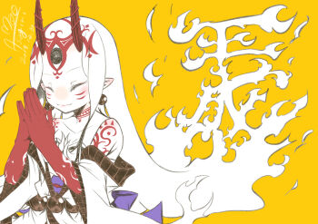 1girl ^_^ asagirimao bare_shoulders closed_eyes colored_skin earrings facial_mark fate/grand_order fate_(series) fiery_hair highres horns ibaraki_douji_(fate) japanese_clothes jewelry kimono long_hair off_shoulder pointy_ears red_skin simple_background smile solo tattoo yellow_background