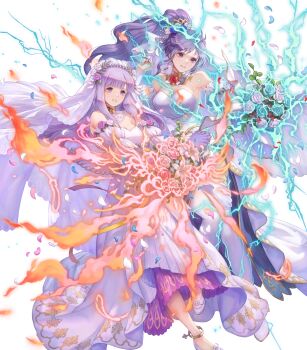 2girls attack bouquet breasts bridal_veil circlet cleavage dress fire fire_emblem fire_emblem:_genealogy_of_the_holy_war fire_emblem_heroes flower gloves hair_flower hair_ornament highres holding holding_bouquet ishtar_(bride)_(fire_emblem) ishtar_(fire_emblem) julia_(bride)_(fire_emblem) julia_(fire_emblem) lightning long_hair lonvanelk magic medium_breasts multiple_girls nintendo non-web_source official_alternate_costume official_art open_mouth petals ponytail purple_eyes purple_hair side_slit small_breasts smile thighhighs veil wedding_dress white_gloves