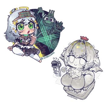 Rule 34 | 1girl, absurdres, arknights, bat wings, breasts, chibi, chibi only, commentary request, deformed, doctor (arknights), flower, gargoyle, green eyes, grey hair, highres, large breasts, long hair, mini person, minigirl, open mouth, original, pleated skirt, skirt, tearing up, the questioning statue (arknights), thighhighs, white thighhighs, wings, xiangxiangbushixiang 12138