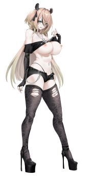 1girl absurdres alternate_costume alternate_hair_length alternate_hairstyle animal_ears bikini_bottom_under_shorts bikini_under_clothes black_gloves black_nails black_shoes black_shorts black_streaks black_thighhighs breasts brown_hair choker cleavage clothes_lift commentary commission crop_top elbow_gloves fingerless_gloves full_body gloves green_eyes heart heart_choker high_heels highres huge_breasts indie_virtual_youtuber large_breasts long_hair midriff mole mole_on_breast multicolored_hair navel navel_piercing nimi_nightmare nipple_piercing nipples piercing platform_heels sebakanken shirt_lift shoes short_shorts shorts simple_background skindentation solo stiletto_heels streaked_hair tapir_ears tapir_girl thighhighs torn_clothes torn_thighhighs virtual_youtuber white_background