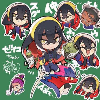 ... 1boy 2girls amarys_(pokemon) black_hair blue_jacket blue_pants blueberry_academy_school_uniform blush carmine_(pokemon) chibi chibi_only clenched_hands clenched_teeth closed_eyes closed_mouth commentary_request crossed_bangs dark-skinned_female dark_skin fanny_pack gloves green_background hair_between_eyes hairband highres holding holding_own_hair jacket kieran_(pokemon) koraidon long_hair long_sleeves mole mole_on_neck mole_under_eye multicolored_hair multiple_girls nintendo no-kan ogerpon ogerpon_(teal_mask) open_mouth pants partially_fingerless_gloves pokemon pokemon_(creature) pokemon_sv poltchageist purple_hair red_gloves red_hair school_uniform short_hair single_glove sinistcha spoken_ellipsis sweatdrop teeth translation_request two-tone_hair yellow_eyes yellow_hairband