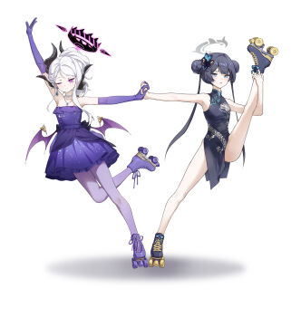 2girls ;) absurdres arm_up armpits ass bad_tag bare_shoulders black_dress black_hair black_halo blue_archive butterfly_hair_ornament china_dress chinese_clothes collarbone commentary_request demon_girl demon_horns demon_wings double_bun dragon_print dress earrings elbow_gloves evening_gown full_body gloves grey_eyes grey_halo hair_between_eyes hair_bun hair_ornament halo helmet highres hina_(blue_archive) hina_(dress)_(blue_archive) holding_hands horns interlocked_fingers jewelry kisaki_(blue_archive) leg_up long_hair looking_at_viewer multicolored_halo multiple_girls necklace official_alternate_costume official_alternate_hairstyle okazakileo one_eye_closed outdoors pantyhose pearl_necklace pelvic_curtain pendant ponytail print_dress purple_dress purple_eyes purple_gloves purple_pantyhose roller_skates shadow side_slit sidelocks simple_background single_earring skates smile split standing standing_on_one_leg standing_split starry_sky_print strapless strapless_dress twintails two-tone_halo wavy_hair white_background white_hair wings