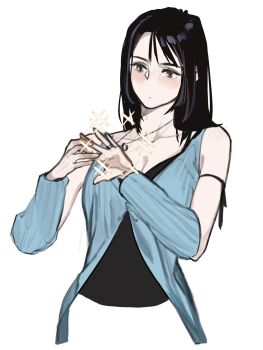 1girl arm_ribbon bare_shoulders black_hair black_ribbon black_shirt blue_arm_warmers blue_cardigan blush breasts brown_hair cardigan cleavage collarbone cropped_torso final_fantasy final_fantasy_viii grey_eyes highres jewelry medium_breasts multicolored_hair necklace nini_tw99 pale_skin ribbon ring ring_necklace rinoa_heartilly shirt solo sparkle streaked_hair upper_body white_background