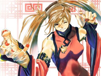 1girl bare_shoulders border breasts brown_eyes brown_hair can china_dress chinese_border chinese_clothes commentary_request covered_navel detached_sleeves dress guilty_gear hands_up kuradoberi_jam long_hair looking_at_viewer medium_breasts nail_polish outside_border pinching_sleeves red_border red_dress red_nails red_sleeves sleeveless sleeveless_dress smile solo storyteller777 swept_bangs uneven_eyes upper_body white_background wide_sleeves