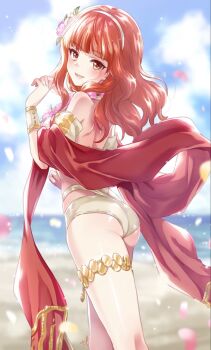 1girl :d ass back backlighting bare_shoulders beach bikini blunt_bangs blush brown_bikini celica_(fire_emblem) celica_(summer)_(fire_emblem) commentary_request day eyelashes feet_out_of_frame fire_emblem fire_emblem_heroes flower flower_hairband flower_necklace from_behind hair_flower hair_ornament hairband hand_up highres jewelry kuroi_mimei long_hair looking_at_viewer looking_back lower_teeth_only necklace nintendo ocean open_mouth outdoors pink_flower red_eyes red_hair red_shawl shawl shiny_skin signature smile solo standing swimsuit teeth thighs tsurime white_hairband